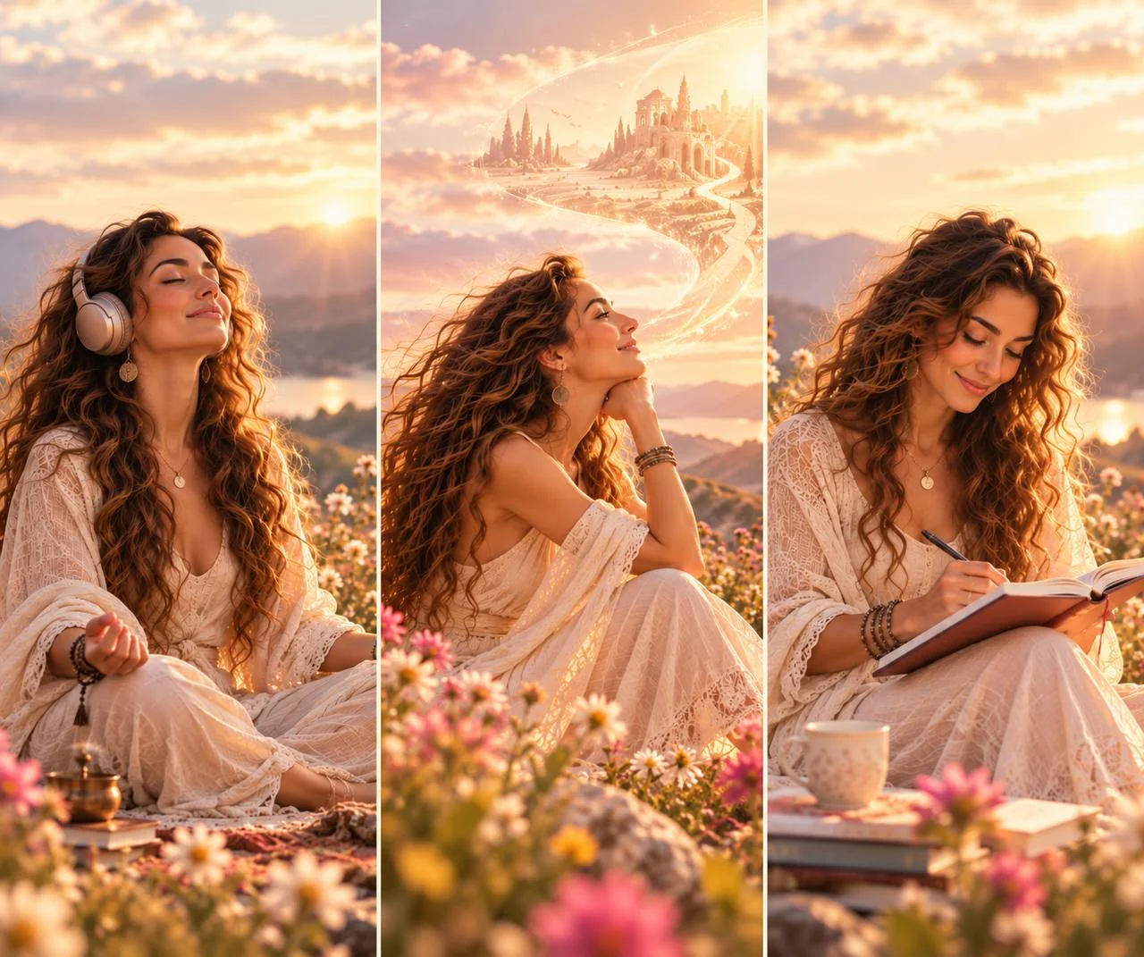 Ilustración en tres momentos: una mujer de cabello rizado medita con los ojos cerrados al atardecer, imagina con una sonrisa un futuro lleno de posibilidades y escribe en su diario rodeada de flores.